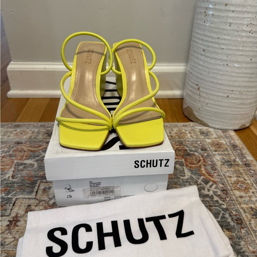 SCHUTZ Neon Yellow Strappy Square-Toe Block Heels